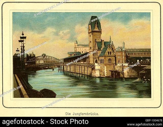 Europa, Deutschland, Hamburg, die Jungfernbrücke im Freihafen, Chromolithographie aus : "" Ansichten-Album Hamburg "", herausgegeben von C