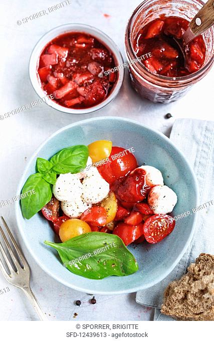 Mozzarella and cherry tomatoes with balsamic strawberries