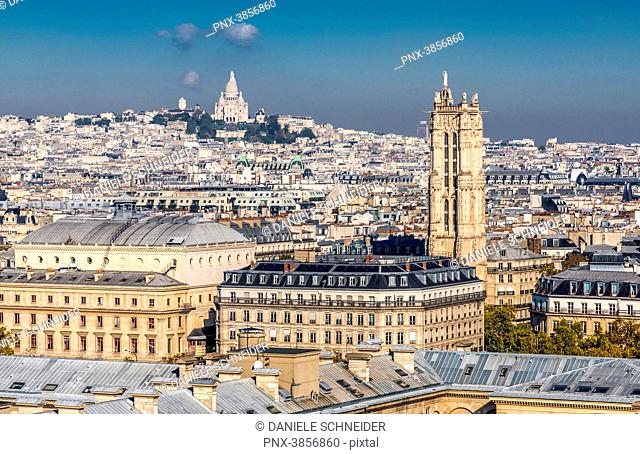 France, Paris, 4th arrondissement, view on the Tour Saint-Jacques et the Sacre-Coeur de Montmartre (Sacred Heart of Paris) from the towers of the Cathedral...