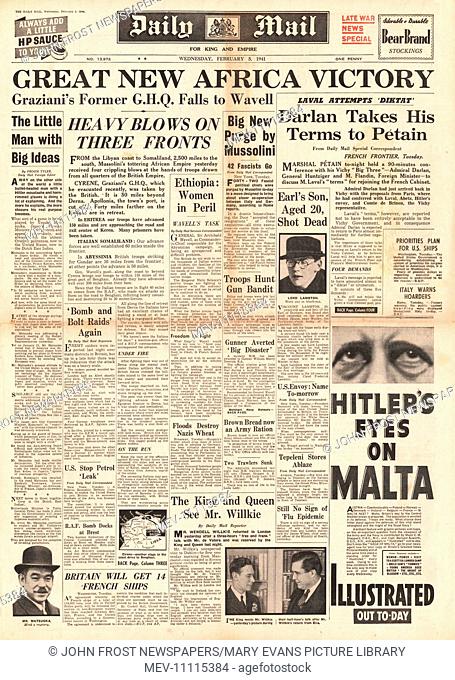 1941 front page Daily Mail British forces capture Cyrene, Germ masks for crowds issued and Petain defies Hitler