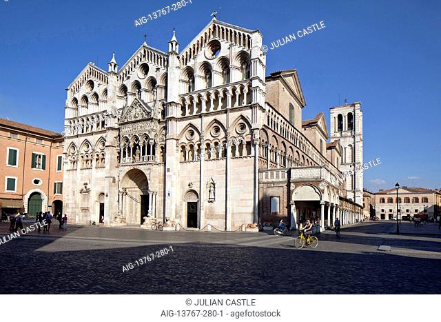 Triple facade of 12th century Cathedral Duomo Piazza Cattedrale Ferrara Emilia-Romagna Italy