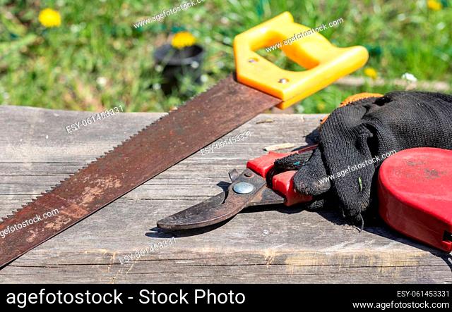 An old rusty hand saw with a plastic handle for wood sawing boards, plywood and other materials. Saw, garden shears with gloves