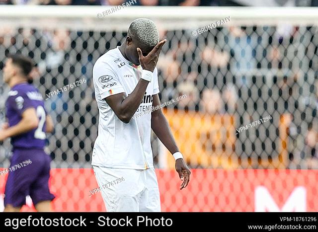 Oostende's Makhtar Gueye looks dejected during a soccer match between RSC Anderlecht and KV Oostende, Sunday 06 March 2022 in Anderlecht, Brussels