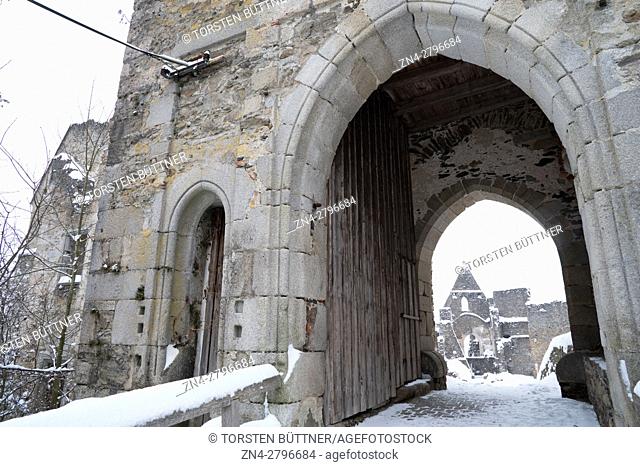 Bridge and Entrance to Castle Ruin Schaunberg in Winter, Hartberg, Austria