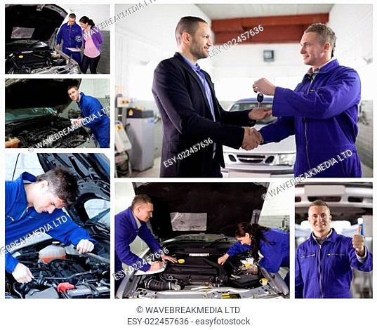 Collage of mechanics in the garage at work with happy customer