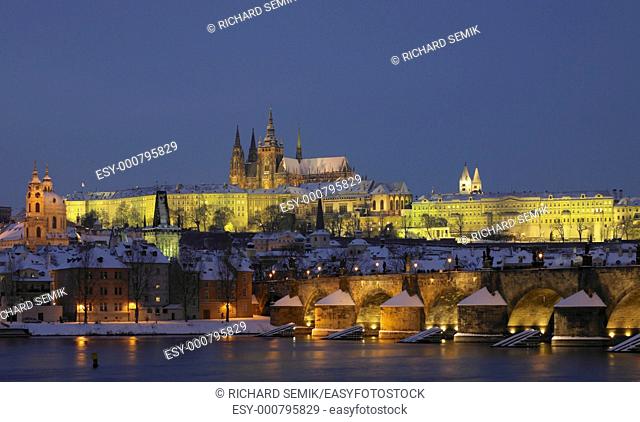 Prague Castle with Charles bridge in winter, Prague, Czech Republic
