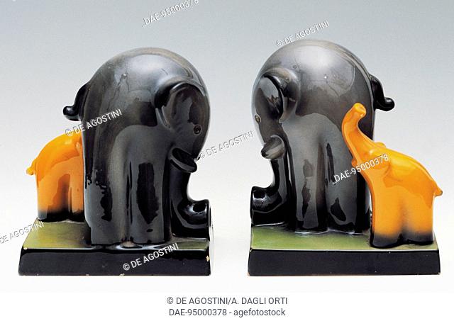Bookends in the shape of elephants, prancing horse, Ceramiche Rometti manufacture, Umbertide, Italy, 20th century.  Private Collection