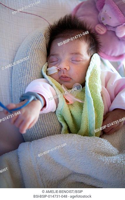 Reportage in the level 2, neonatology service in a hospital in Haute-Savoie, France. A premature baby is monitored until it reaches full-term