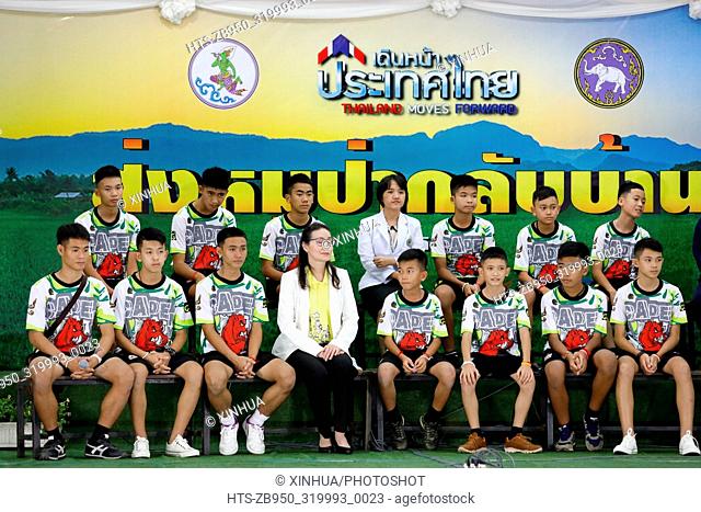 (180719) -- BANGKOK, July 19, 2018 () -- The 12 Thai young footballers and their coach rescued from the flooded cave attend a press conference in Chiang Rai