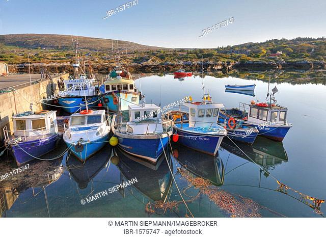 Fishing boats in Ballycrovane Harbour, Eyeries, Beara Peninsula, County Cork, Ireland, British Isles, Europe