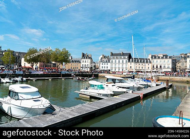 Vannes, Morbihan / France - 25 August, 2019: charity boat joust in the harbor of Vannes on the Gulf of Morbihan