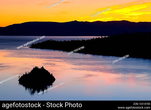 Sunrise over Emerald Bay at Lake Tahoe, California, USA. Lake Tahoe is the largest alpine lake in North America
