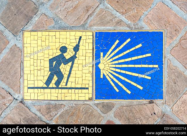 Camino de Santiago pilgrimage sign on the pavement in Chartres, France