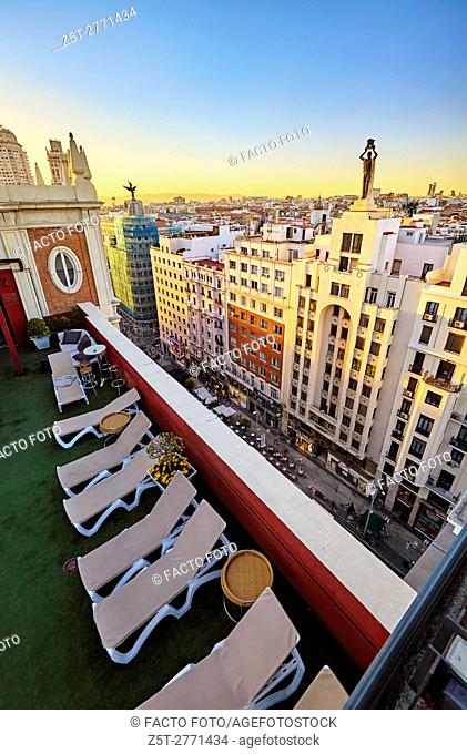 Emperador Hotel rooftop, located at Lope de Vega building in Gran Via street. Madrid. Spain