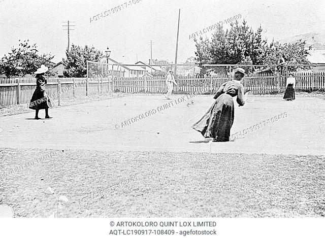 Negative - Albany or Eucla (?), Western Australia, circa 1905, Three women and a man playing tennis