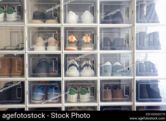 Collection of different sneakers Indoor Shoe Rack of sneakers lovers, perfect stylish storage place, modern idea for decoration footwear closeup white closet