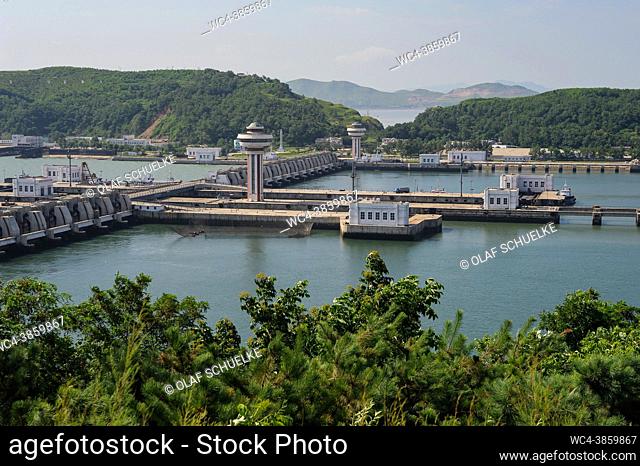Nampo, North Korea, Asia - Elevated view of the West Sea Barrage that closes the water from the Taedong River off the Yellow Sea