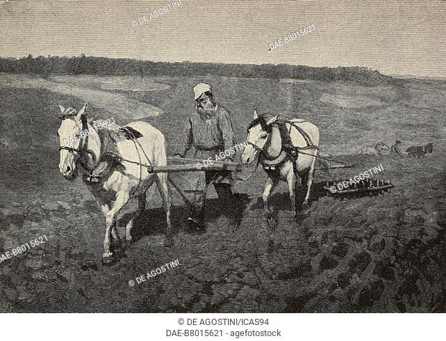 Lev Tolstoj (1828-1910), Russian writer, plowing a field, engraving by G Sabattini from a painting by Repin, from L'Illustrazione Italiana, year 19, no 28