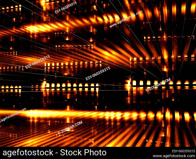 Golden background with glowing lines, perspective ang grid. Abstract computer-generated 3d illustration. Fractal art - futuristic data center