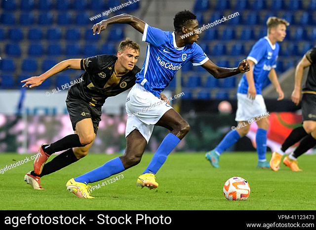 70 Jong Genk's Ibrahima Sory Bangoura and 28 Lommel's Agustin Anello pictured during a soccer match between Jong Genk (u23) and Lommel SK