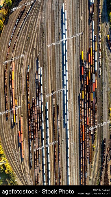 Aerial shots, tracks, marshalling yard, freight depot, carriages, cargo carriages, Thyssenkrupp Steel Europe AG Duisburg, old Hamborn, Duisburg, Ruhr area