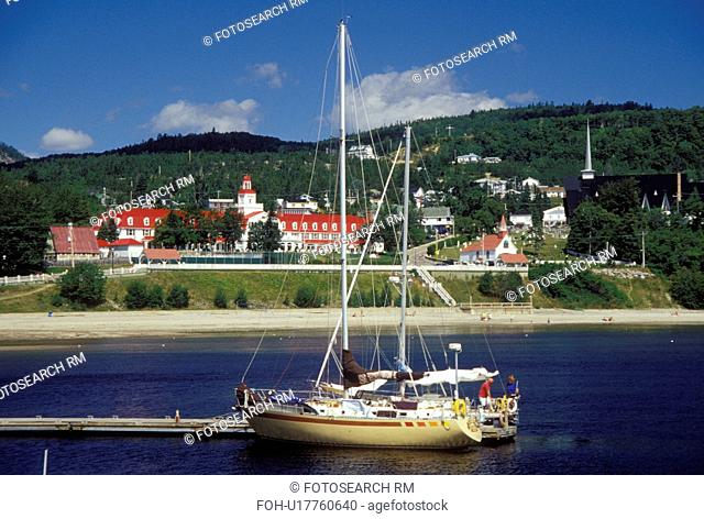 Canada, Tadoussac, Quebec, Sailboats docked at the marina on the St. Lawrence (Fleuve Saint-Laurent) and Saguenay Rivers in the summer resort town of Tadoussac