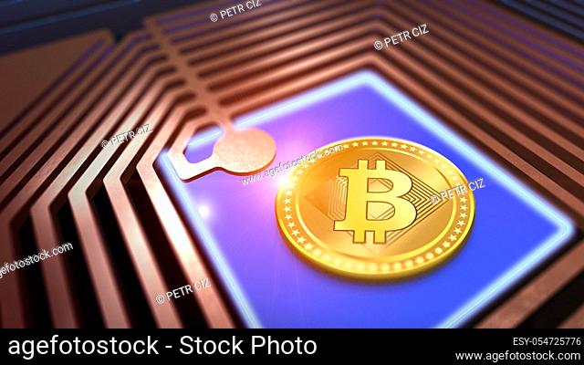 Bitcoin cryptocurrency on a microchip with blurred background