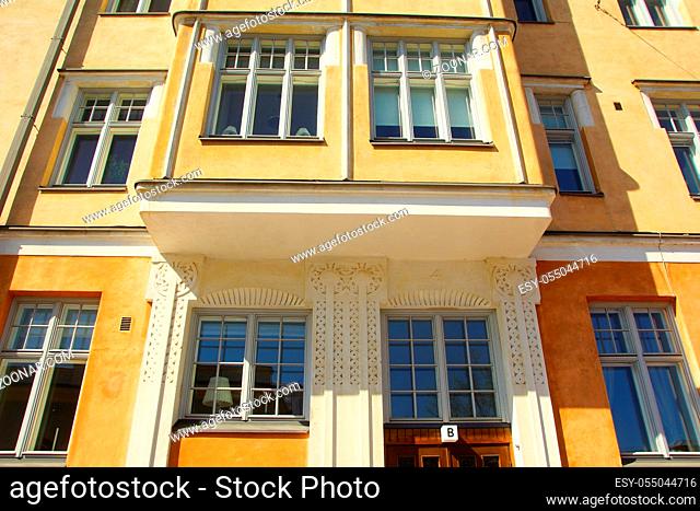 Fragment of the facade of a residential building in the Northern Art Nouveau style in the historic district of Katayaonokka