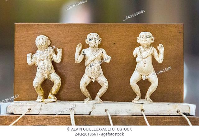 Egypt, Cairo, Egyptian Museum, 3 dancing dwarfs in ivory. This toy was found in the tomb of a girl called Hapy, Lisht, Middle Kingdom