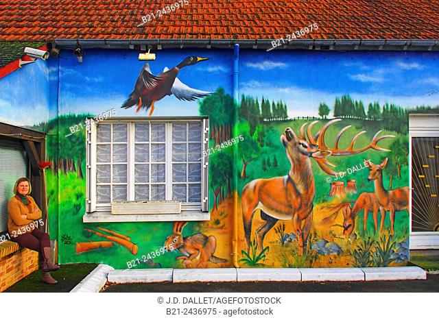 Mural on a road restaurant by Villefranche sur Cher, in Sologne hunting area, Loir-et-Cher, Centre, France