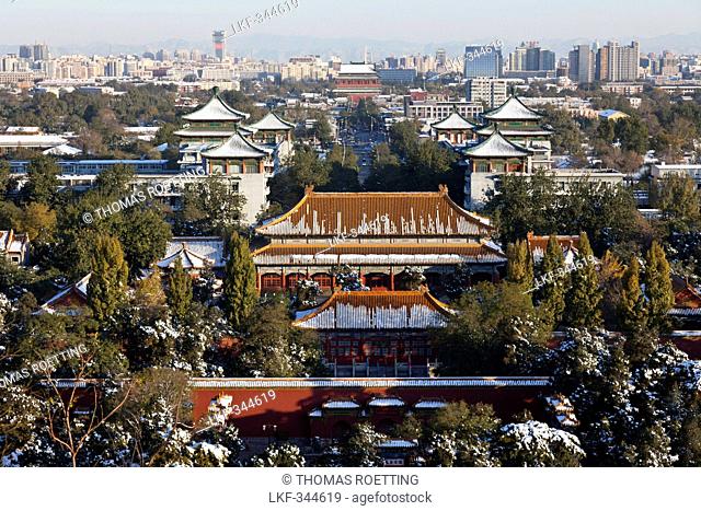 Early morning in Jingshan Park, view of the Forbidden City and the Emperor's Palace from Jingshan Hill, Jingshan Park, Northern gate of the Forbidden City