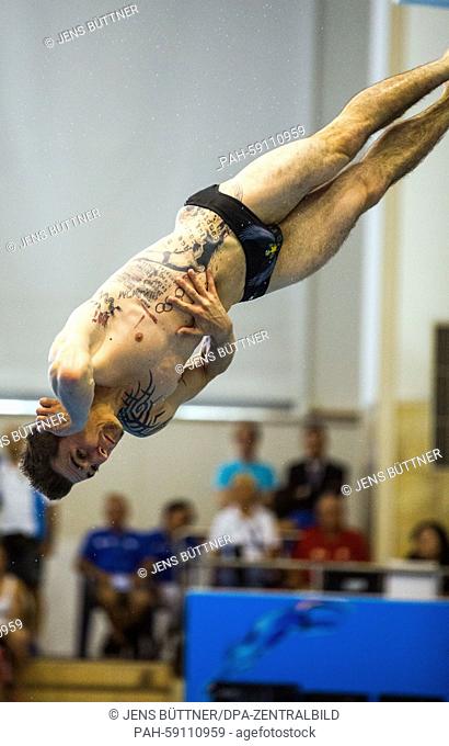 French diver Matthieu Rosset in action during the men's 3 metre springboard final of the European Diving Championships in Rostock, Germany, 11 June 2015