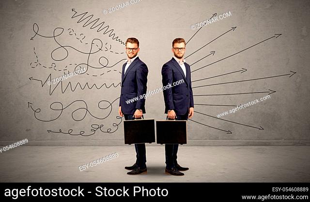 Young conflicted businessman choosing between two directions with arrows and scribbles around him