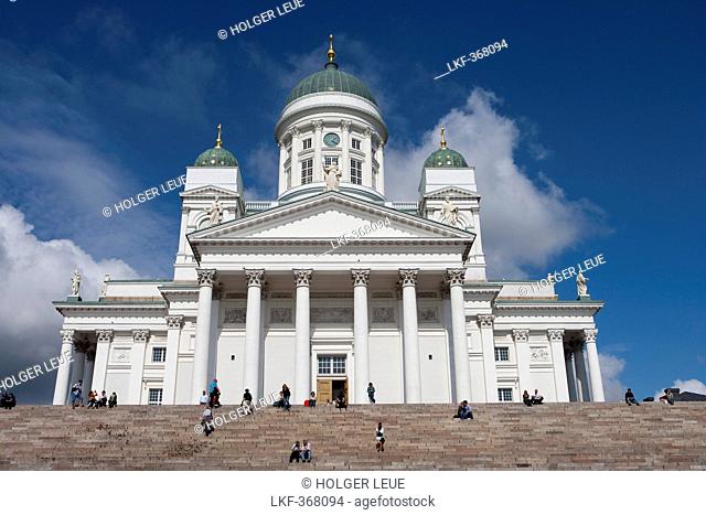 People on steps in front of Helsinki Cathedral, Helsinki, Southern Finland, Finland