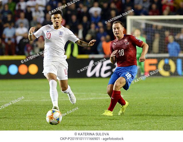 Jadon Sancho of England, left, and Jan Boril of Czech Republic in action during the Euro 2020 group A qualifying soccer match between Czech Republic and England...