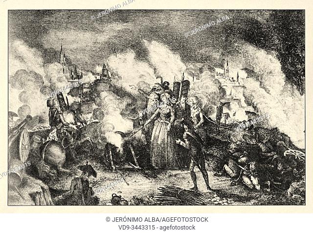 Austrians commanded by Albert de Saxe-Teschen lay siege to Lille. The siege of Lille September 1792. History of France, old engraved illustration image from the...