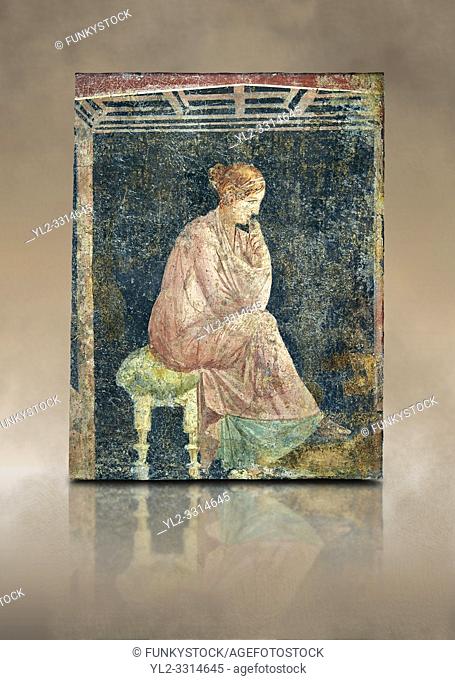 Roman fresco wall painting of a women thinking from the Villa Arianna (Adriana), Stabiae (Stabia) near Pompeii , inv 9097