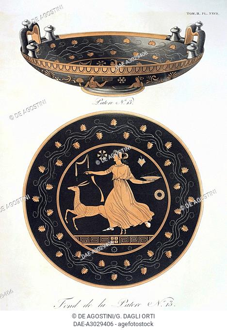 Patera with priestess who is making an offering to the goddess Diana, illustration from Collection des vases grecs de le Comte de M Lamberg, vol II, Table 27