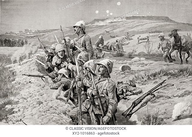 British troops with fixed bayonets ready to repel an attack against the trenches around Ladysmith, South Africa during the Second Boer War  From the book South...