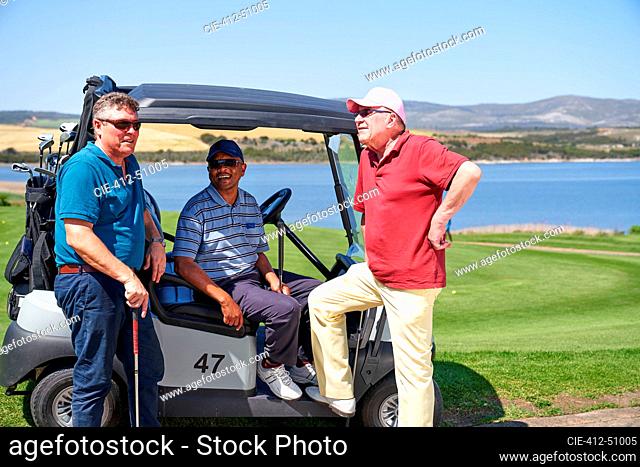 Happy mature male golfers talking at sunny golf cart