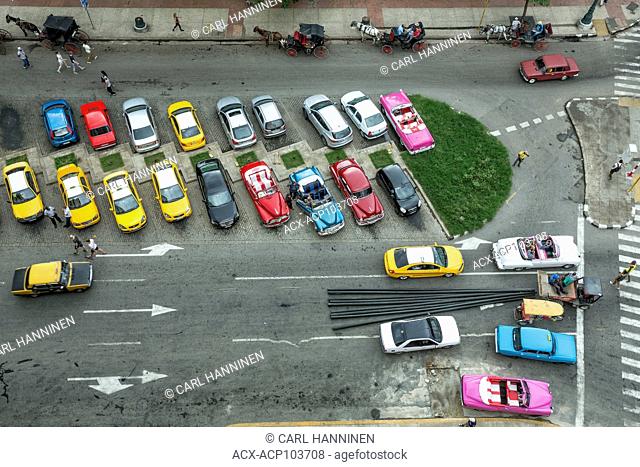 Top view of cars parked alonside street, Havana, Cuba