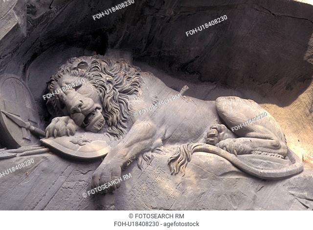 lion, Switzerland, Luzern, Lucerne, Europe, Lowendenkmal, The Lion Monument, carved out of natural roc in 1820, outside the Gletschergarten (Glacier Garden) in...