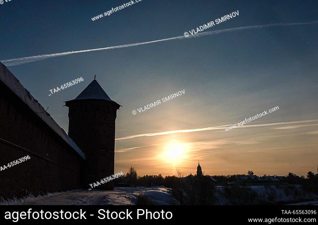RUSSIA, VLADIMIR REGION - DECEMBER 8, 2023: A view of the Saviour Monastery of St. Euthymius in the town of Suzdal on a frosty winter day