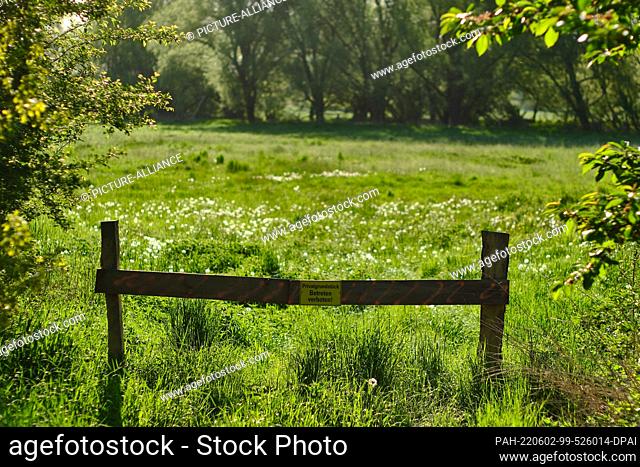 09 May 2022, Lower Saxony, Brunswick: A sign with the inscription ""private property, no trespassing"" stands on a meadow in the northern Oker floodplain
