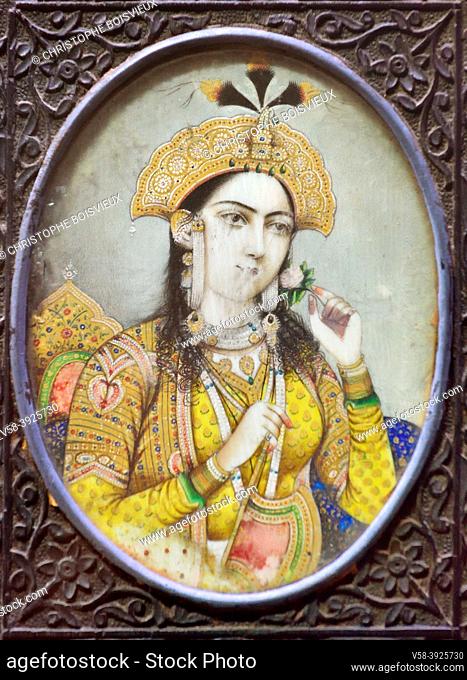 India, Uttar Pradesh, Unesco World Heritage Site, Agra, Taj museum, Portrait of empress Mumtaz Mahal painted on ivory (17th C)