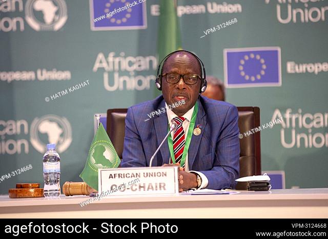 Congolese Foreign Minister Monsieur Christophe Lutundula Apal delivers a speech at a joint African Union and European Union ministerial meeting in Kigali