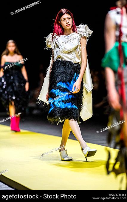A fashion model wearing clothes by master's degree student Amir Torres during the end of year fashion show showcasing the creations of students from the...