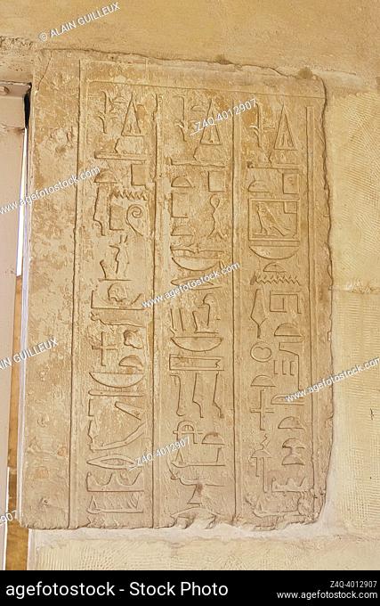Egypt, Saqqara, tomb of Horemheb, statue room, hieroglyphic text on door jamb