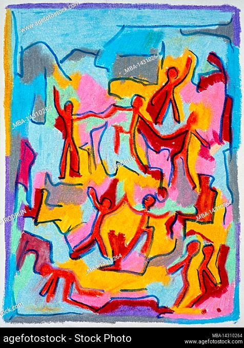 Painting by Peter Schütte, Dancing figures in red