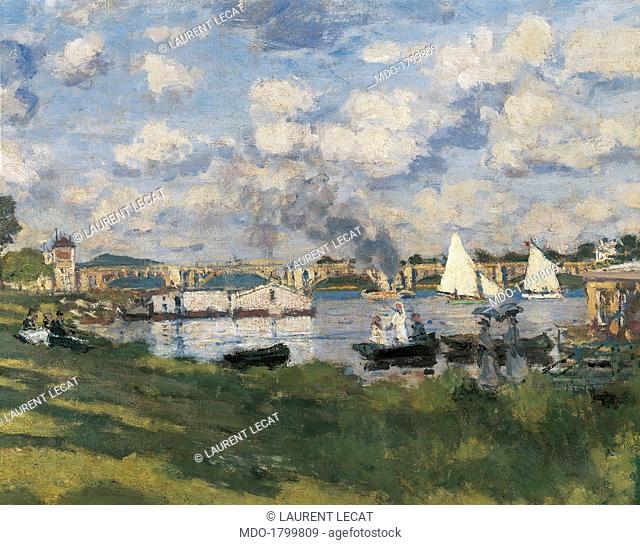 The Basin at Argenteuil, by Claude Monet, 1872, 19th Century, oil on canvas. France, Paris, Musée d'Orsay. Detail. Detail of the basin with ships and the...